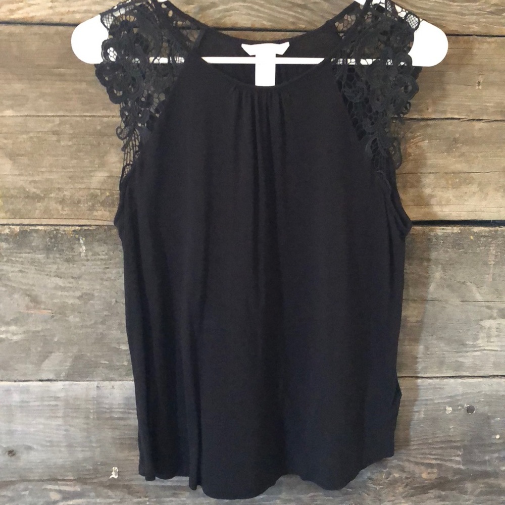 Black Blouse with Lace Cap Sleeves.
